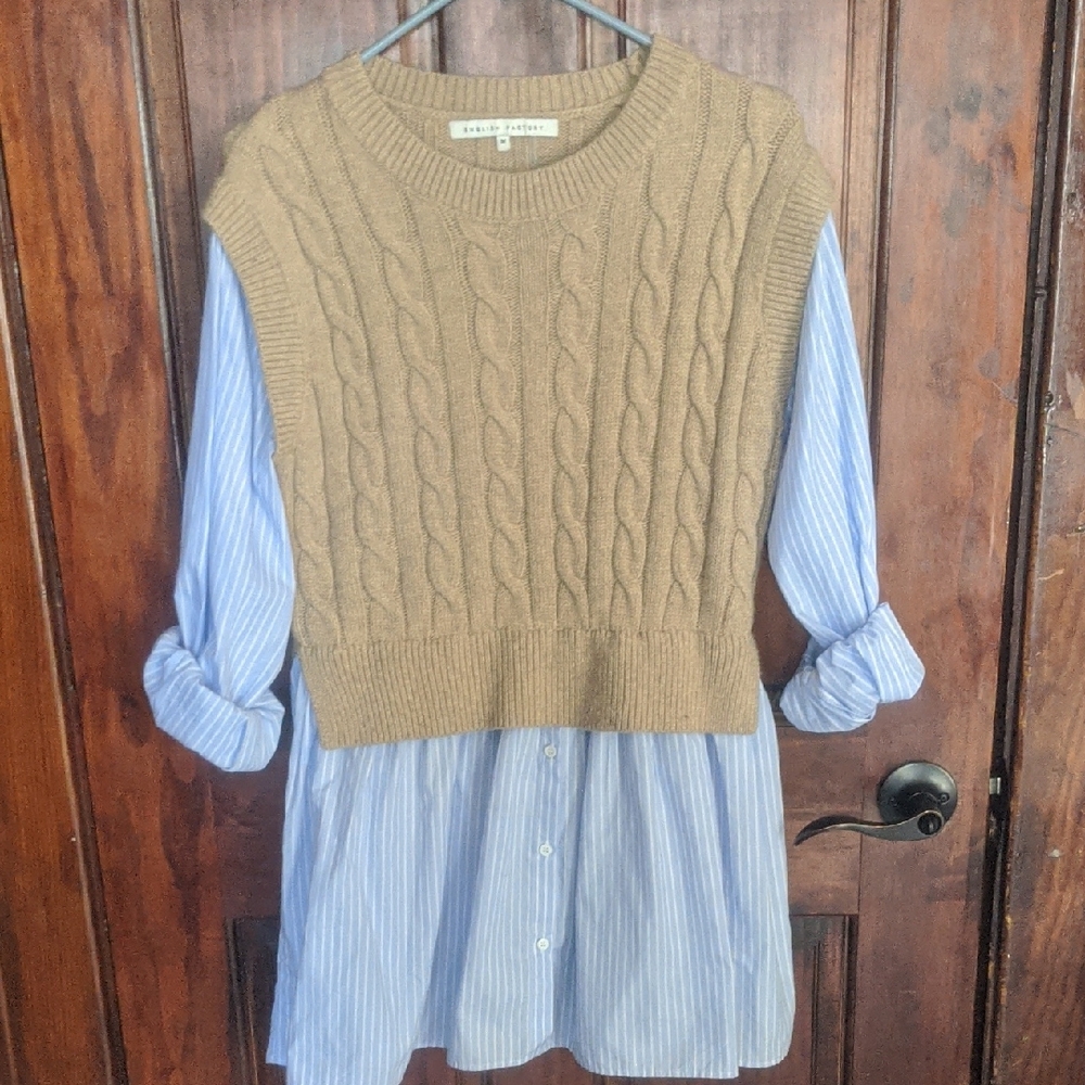 English Factory Tan Cable Knit Vest with Blue Striped Dress
